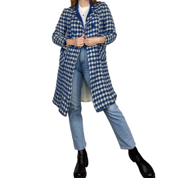 Vintage 70s Size Medium Blue & White Houndstooth Wool Blend Peacoat Jacket - Picture 5 of 9